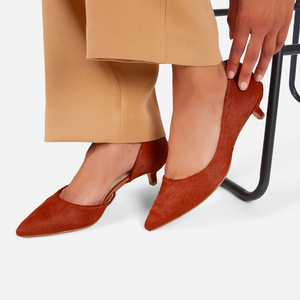 Brown cow hide kitten heels by intentionally blank